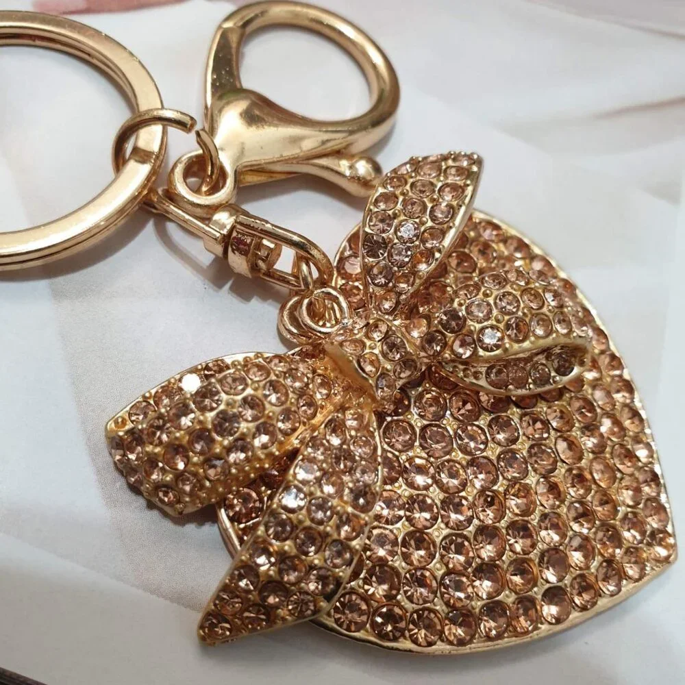 Women Crystals Gold Heart Key Chain Key Ring Handbag Purse Pendant Accessory